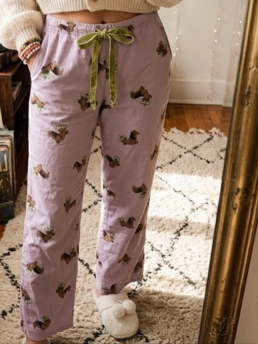 Boden Corgi Print Pajama Pants - Lavender with Velvet Drawstring - Size US 4